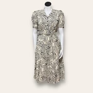 VTG Petite Fit and Flare Midi Cream + Black Leaf Print Dress size 4